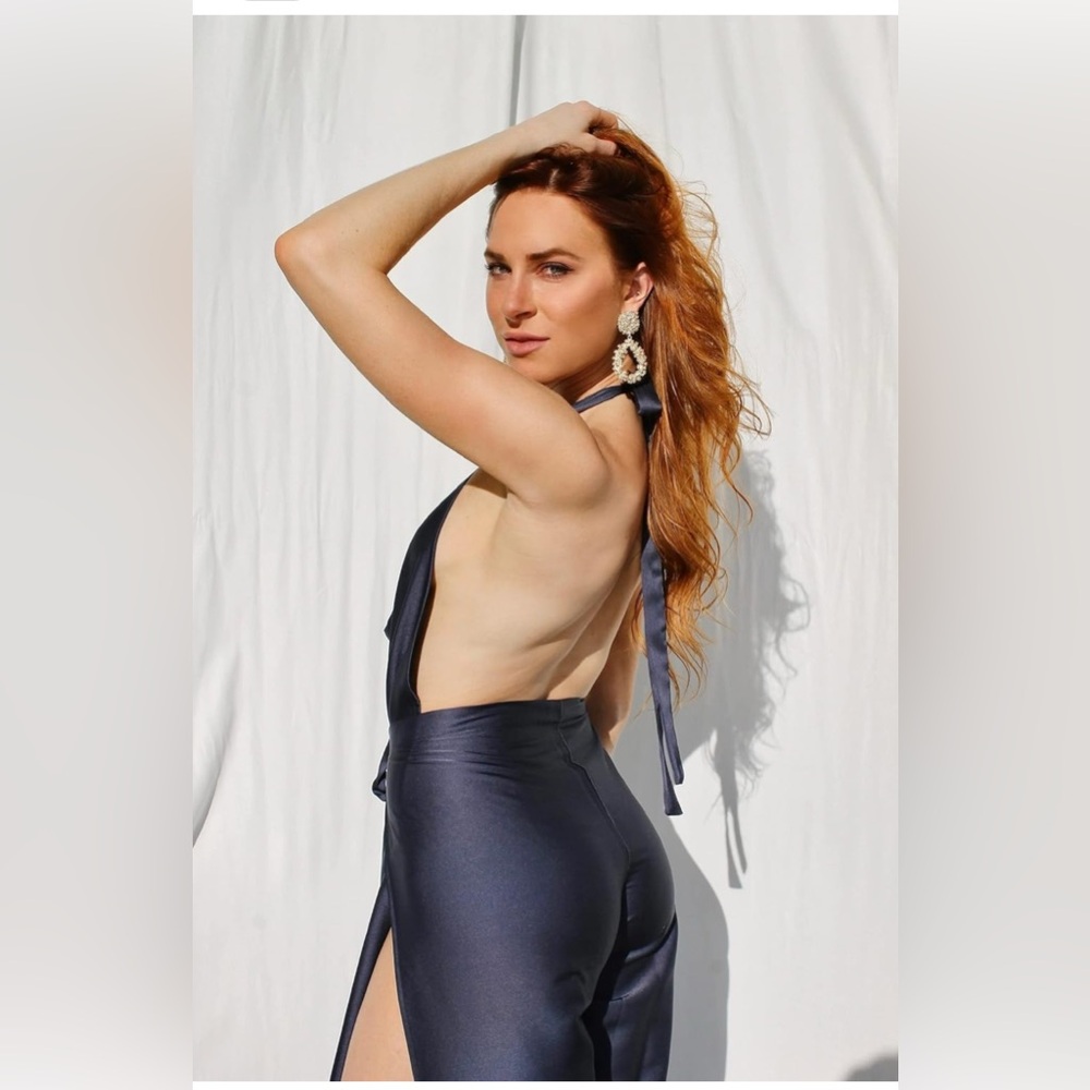 BALIAWEAR standard jumpsuit wrap pants in steel blue satin - Picture 5 of 15